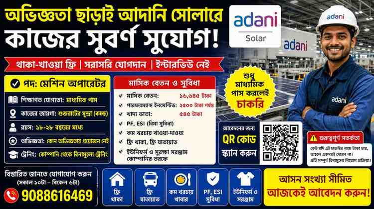 Adani Solar recruitment for Machine Operator post eligibility salary and facilities job banner